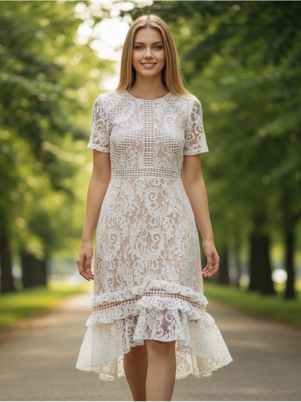 PRETTY LITTLE THING Women’s 2 Tan White Lace Dress